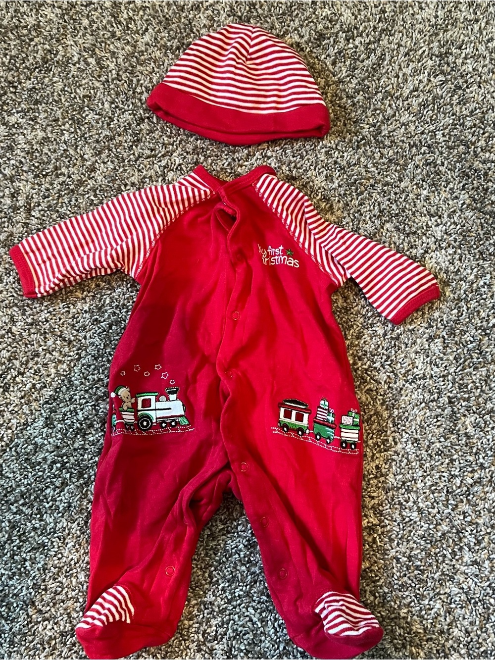 Baby Red 'My First Christmas' One-Piece with Hat